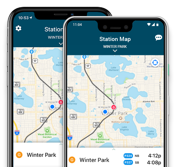 SunRail Station Map on iPhone and Google Pixel.