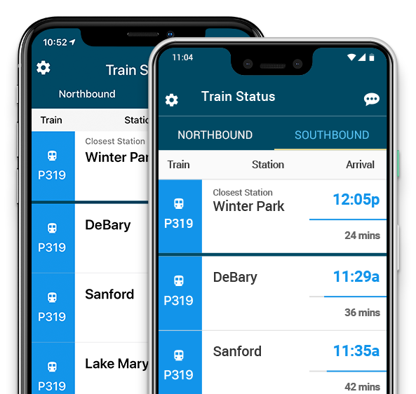 SunRail Train Status on iPhone and Google Pixel.