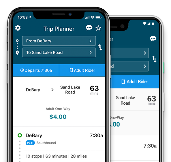 SunRail Trip Planner on iPhone and Google Pixel.