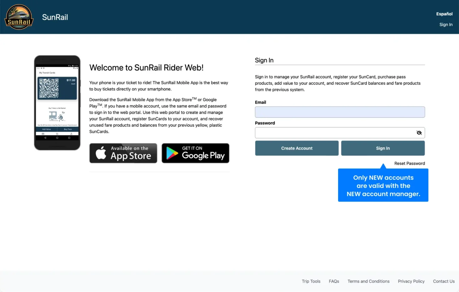 SunRail Rider Web - Login/Signup Page