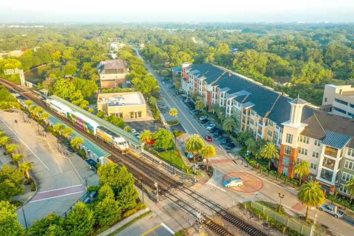 Aerial image of SunRail Train at the Lake Mary Station.