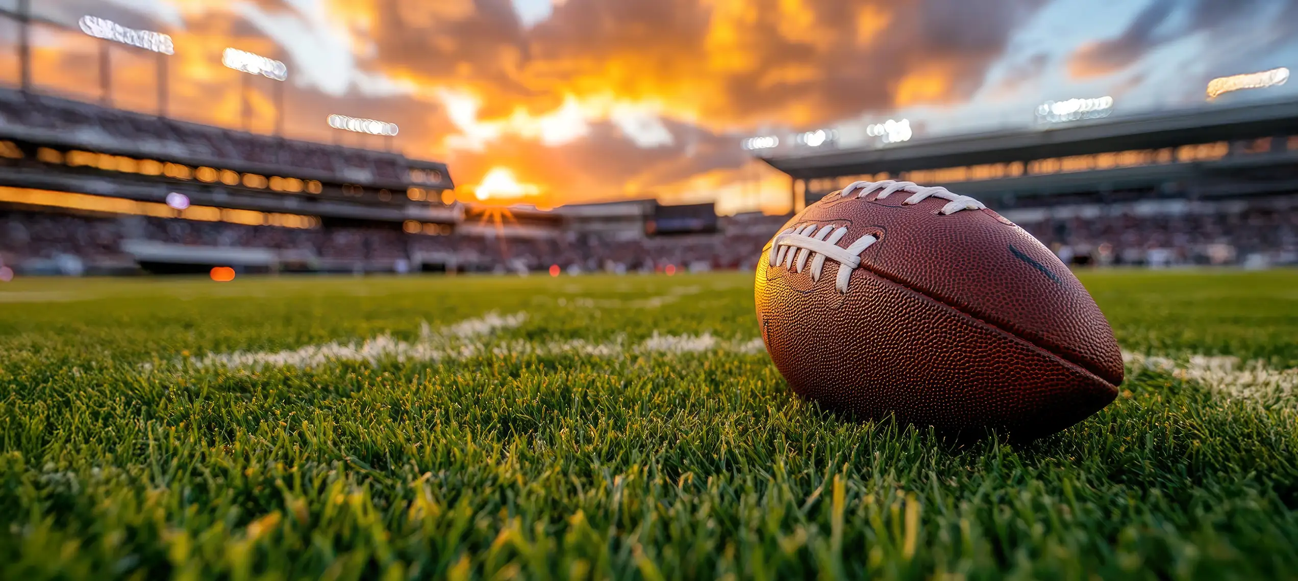 Image of football on field with stadium seating in the background