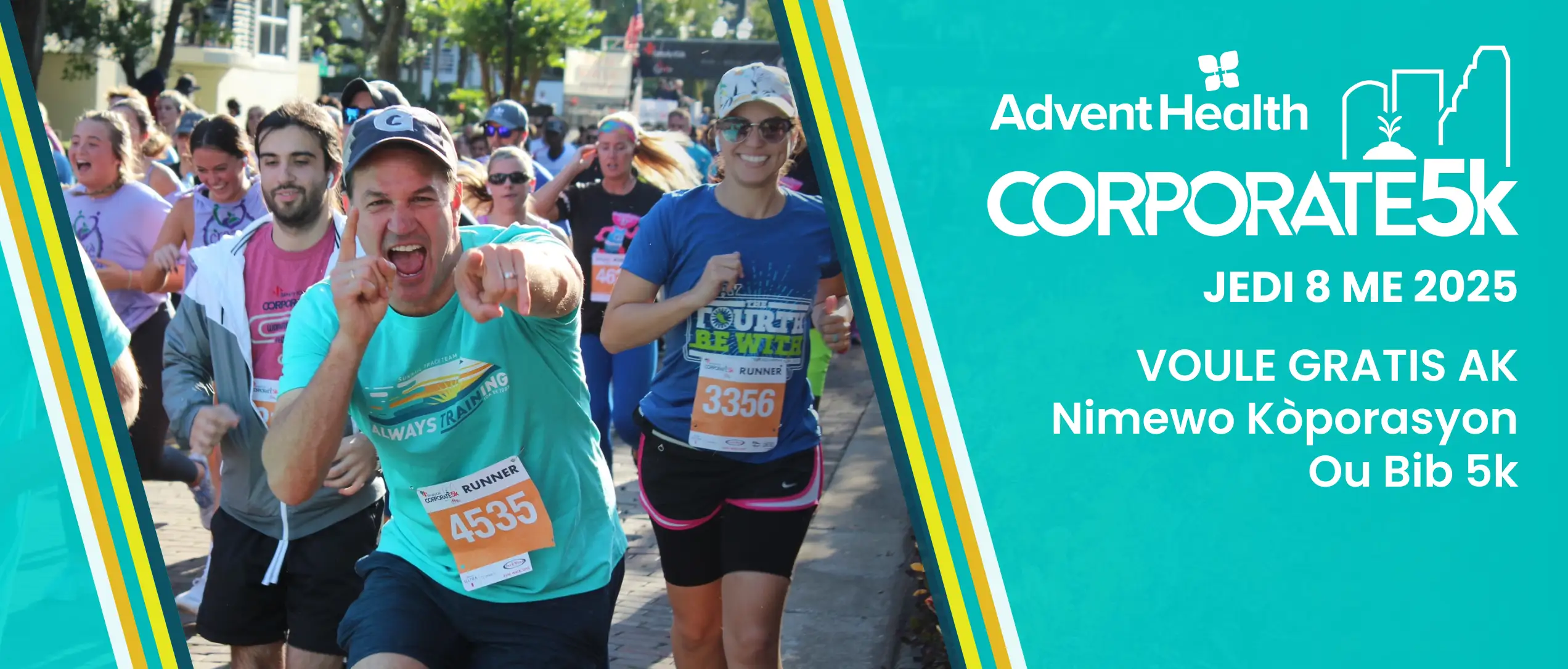 AdventHealth Corporate 5k - Thursday, May 8, 2025. RIDE FREE with your Corporate 5k Bib Number.