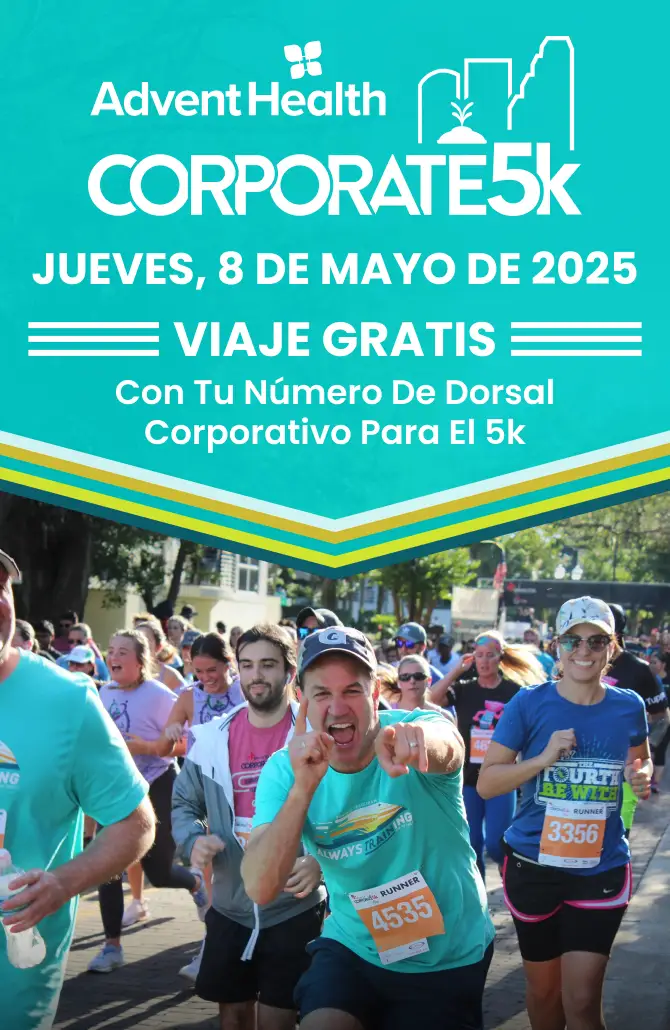 AdventHealth Corporate 5k - Thursday, May 8, 2025. RIDE FREE with your Corporate 5k Bib Number.