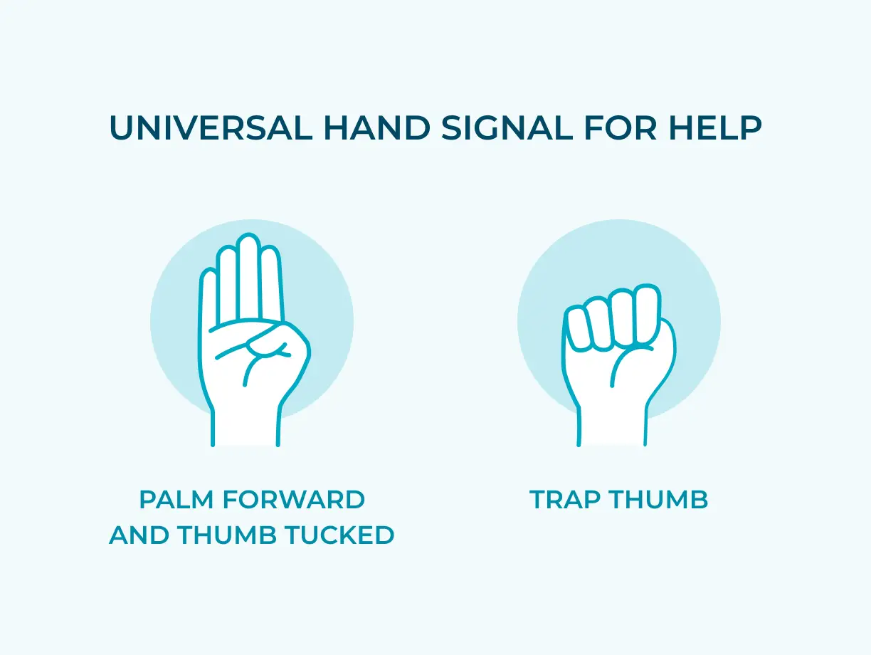 Universal Hand Signal For Help 1. Palm forward and thumb tucked 2. Trap Thumb
