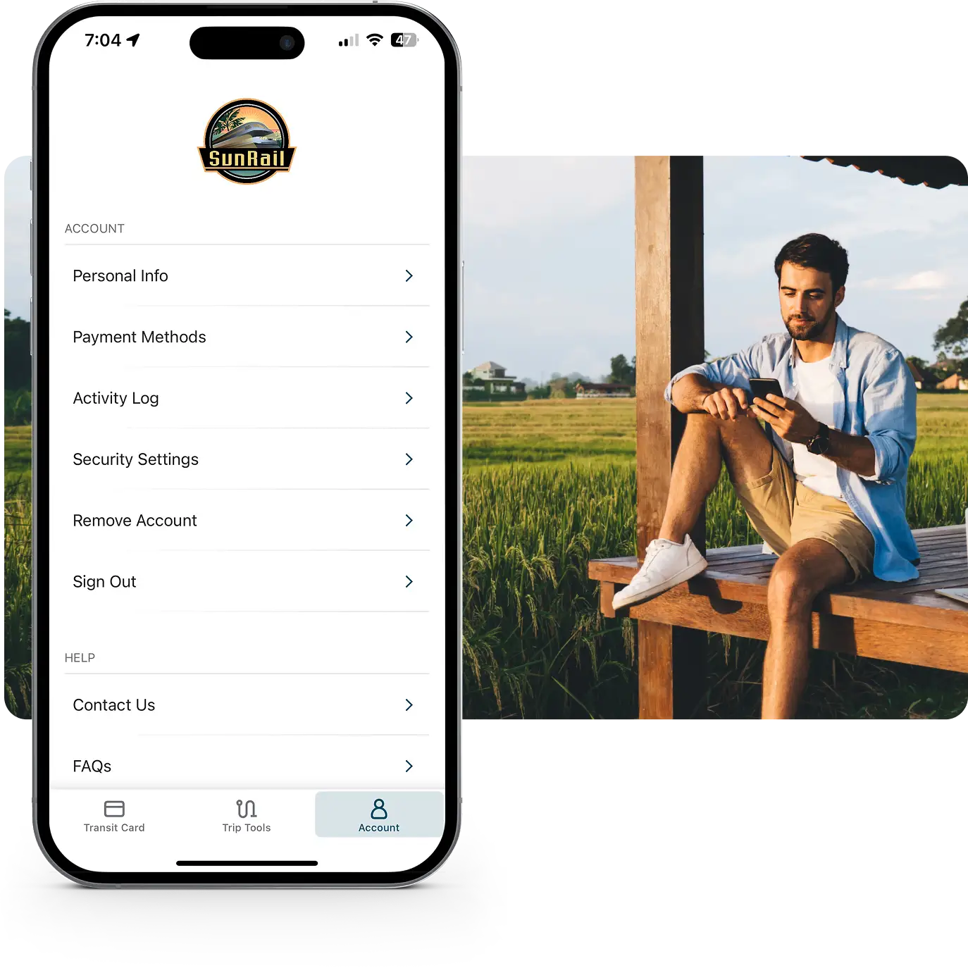 Account screen on top of image of man in open field.