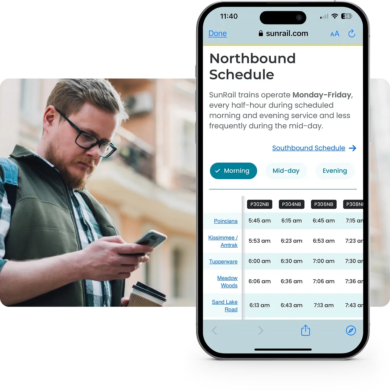 Schedule screen on top of man looking at smart phone.