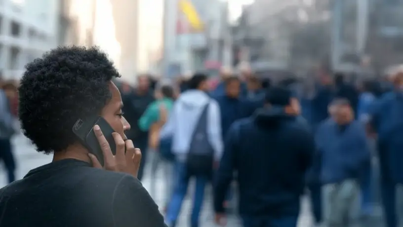 Fearful woman on phone within a crowded street.