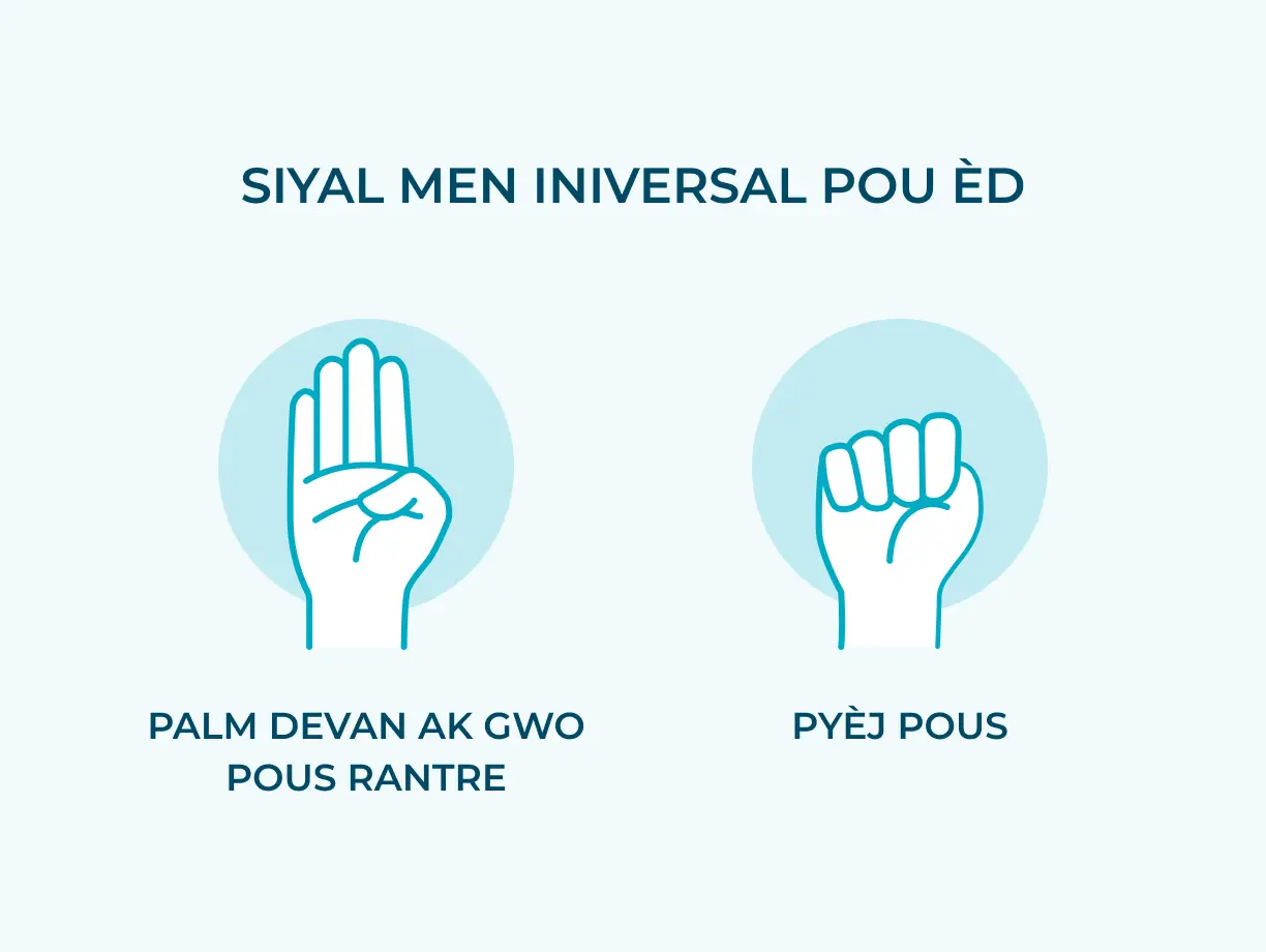 Universal Hand Signal For Help 1. Palm forward and thumb tucked 2. Trap Thumb