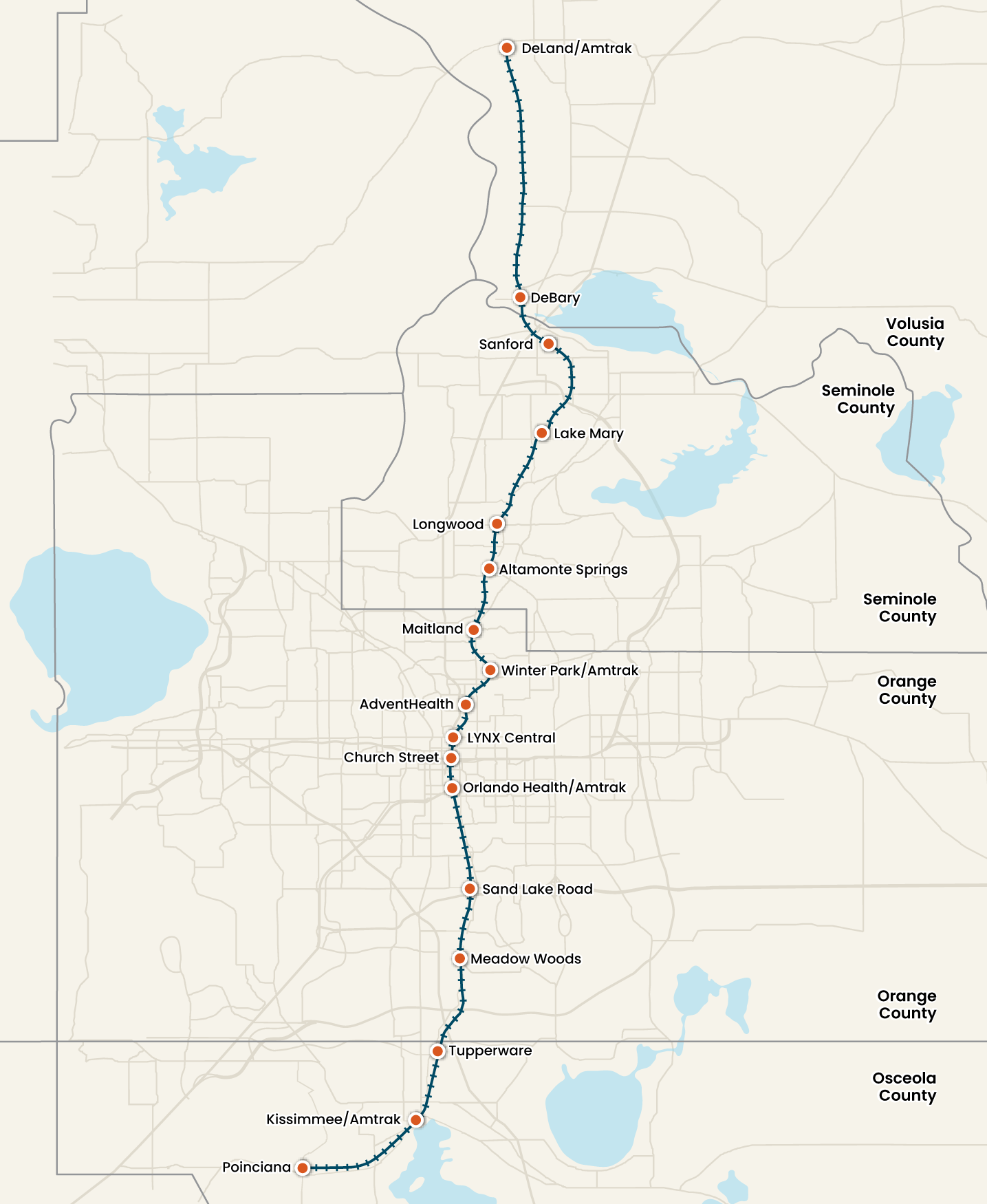 Kat jeyografik konte ki montre konte SunRail vwayaje atravè. County map showing the counties SunRail travels through.